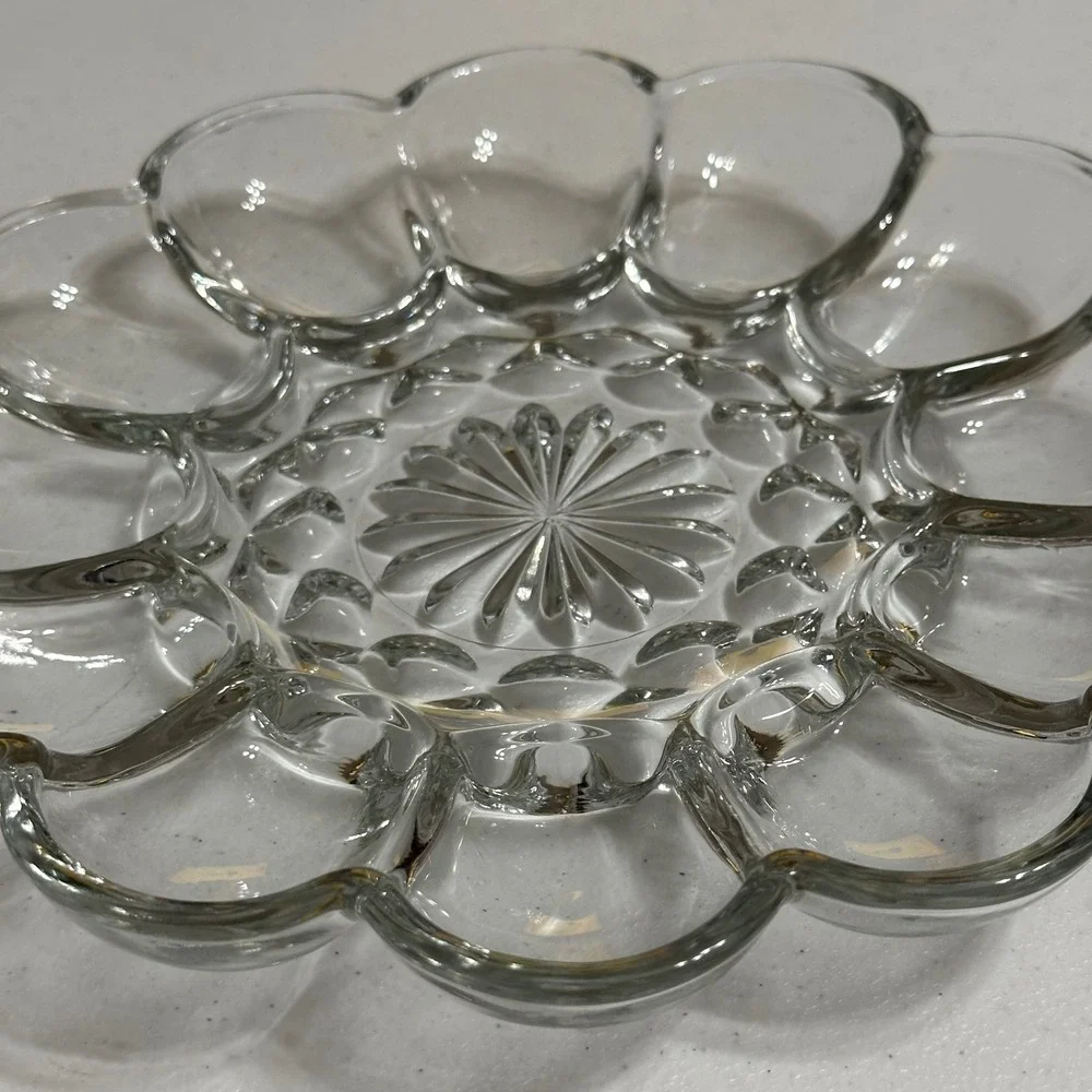 Fairfield Anchor Hocking Scalloped 12 Slot Deviled Egg Platter Clear Glass 10